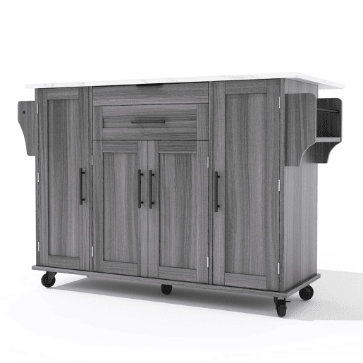 Ilha de cozinha móvel 120x45 cm - com superfície extensível até 70 cm, gaveta para utensílios, prateleiras ajustáveis, prateleira para especiarias, suporte para toalhas - Cinza