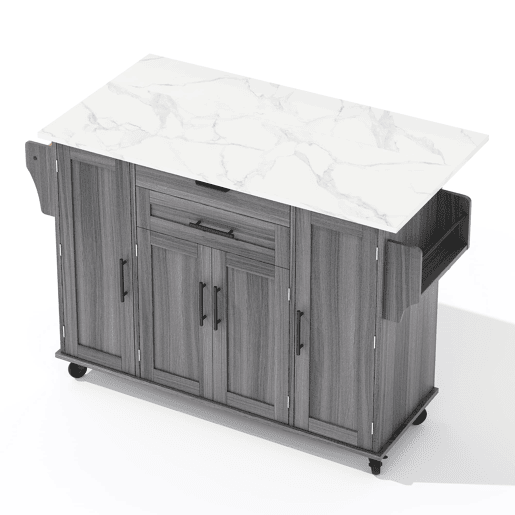 Ilha de cozinha móvel 120x45 cm - com superfície extensível até 70 cm, gaveta para utensílios, prateleiras ajustáveis, prateleira para especiarias, suporte para toalhas - Cinza