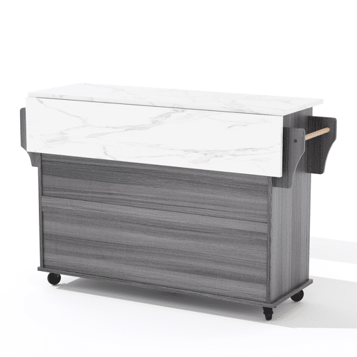 Ilha de cozinha móvel 120x45 cm - com superfície extensível até 70 cm, gaveta para utensílios, prateleiras ajustáveis, prateleira para especiarias, suporte para toalhas - Cinza