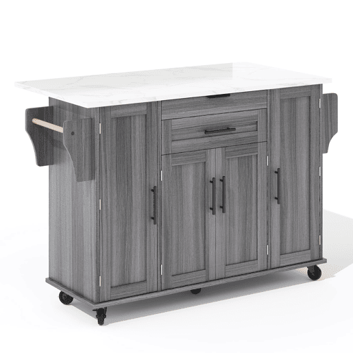 Ilha de cozinha móvel 120x45 cm - com superfície extensível até 70 cm, gaveta para utensílios, prateleiras ajustáveis, prateleira para especiarias, suporte para toalhas - Cinza