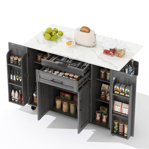 Ilha de cozinha móvel 120x45 cm - com superfície extensível até 70 cm, gaveta para utensílios, prateleiras ajustáveis, prateleira para especiarias, suporte para toalhas - Cinza