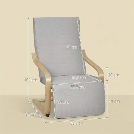HOMCOM Poltrona de Sala de Estar com Apoio para os Pés Ajustáveis Poltrona para Dormitório Estofada em Tecido com Estrutura de Madeira Carga 120 kg para Escritório Estúdio 66,5x94x100 cm Cinza Claro