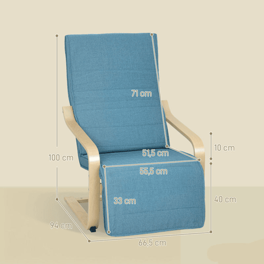 HOMCOM Poltrona de Sala de Estar com Apoio para os Pés Ajustáveis Poltrona para Dormitório Estofada em Tecido com Estrutura de Madeira Carga 120 kg para Escritório Estúdio 66,5x94x100 cm Azul
