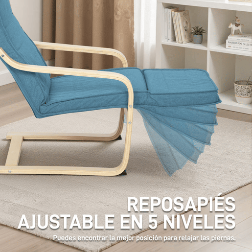 HOMCOM Poltrona de Sala de Estar com Apoio para os Pés Ajustáveis Poltrona para Dormitório Estofada em Tecido com Estrutura de Madeira Carga 120 kg para Escritório Estúdio 66,5x94x100 cm Azul