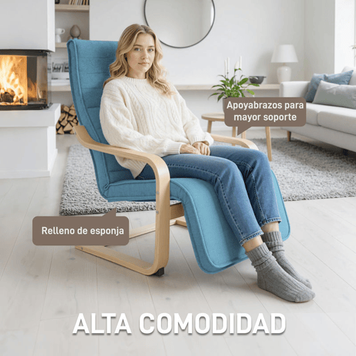 HOMCOM Poltrona de Sala de Estar com Apoio para os Pés Ajustáveis Poltrona para Dormitório Estofada em Tecido com Estrutura de Madeira Carga 120 kg para Escritório Estúdio 66,5x94x100 cm Azul