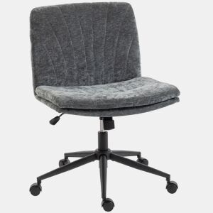HOMCOM Cadeira de Escritório Pernas Cruzadas Cadeira de Secretária com Assento Largo sem Apoios de Braço Rodas Altura Ajustável Giratória Função Basculante Estofada em Chenille Cinza