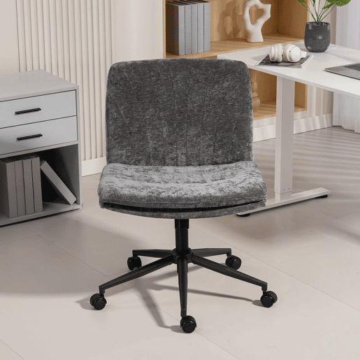HOMCOM Cadeira de Escritório Pernas Cruzadas Cadeira de Secretária com Assento Largo sem Apoios de Braço Rodas Altura Ajustável Giratória Função Basculante Estofada em Chenille Cinza
