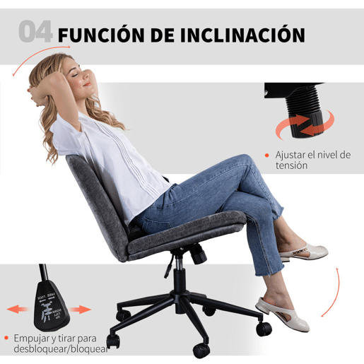 HOMCOM Cadeira de Escritório Pernas Cruzadas Cadeira de Secretária com Assento Largo sem Apoios de Braço Rodas Altura Ajustável Giratória Função Basculante Estofada em Chenille Cinza