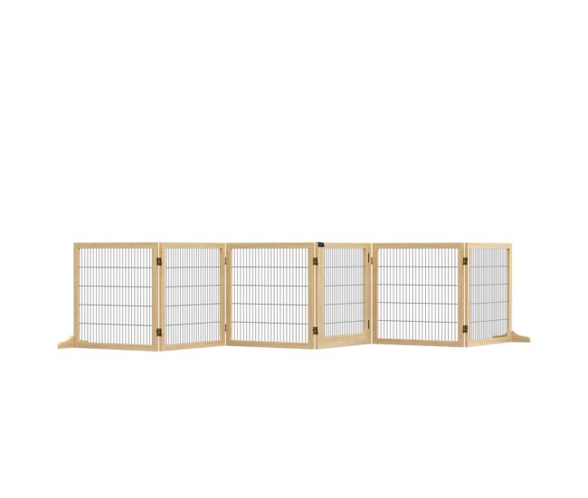 Pawhut barrera de seguridad para perros de madera plegable, para escaleras y puertas, valla para perros pequeños y medianos de 6 paneles, con soporte de pie, para interiores, 432x36x70 cm, natural