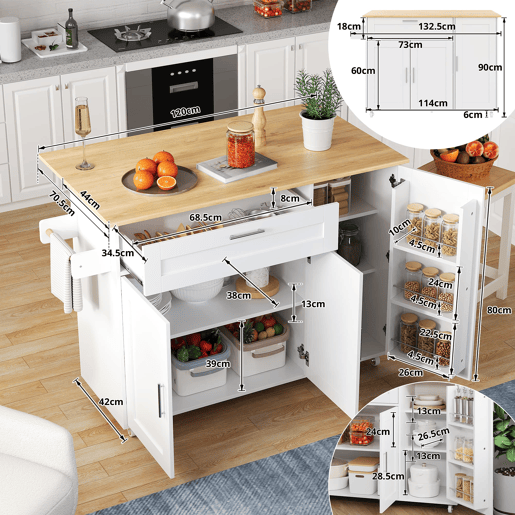 Mesa de cozinha móvel 132,5x44(70)x90 cm - design dobrável, prateleira para temperos, 5 rodas - Branco + Natural