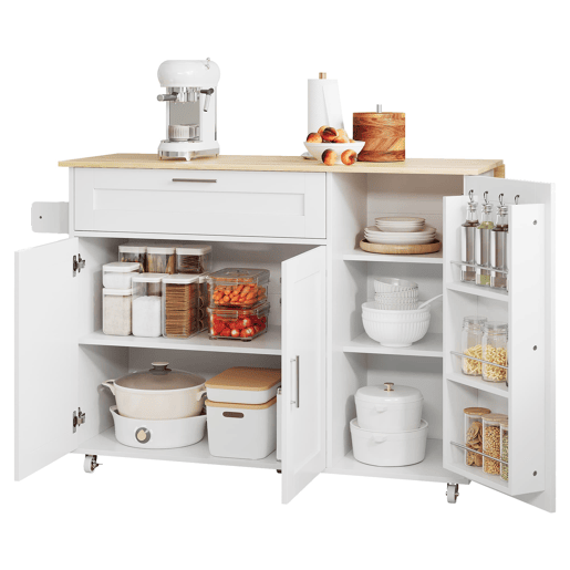 Mesa de cozinha móvel 132,5x44(70)x90 cm - design dobrável, prateleira para temperos, 5 rodas - Branco + Natural
