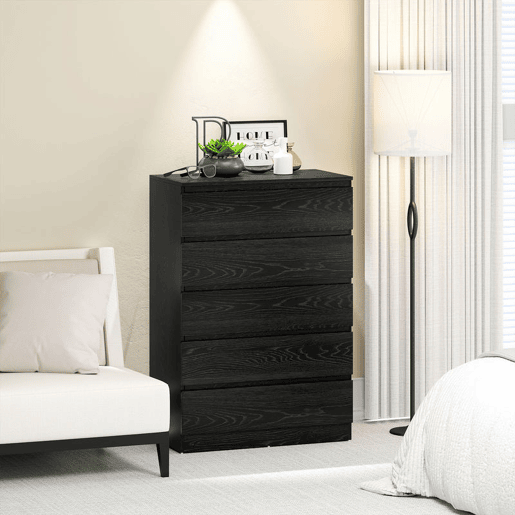 HOMCOM Cómoda 5 Gavetas Cômoda para Quarto Móvel de Arrumação para Sala de Estar Escritório Estilo Moderno 77x40x111,5 cm Preto Veteado