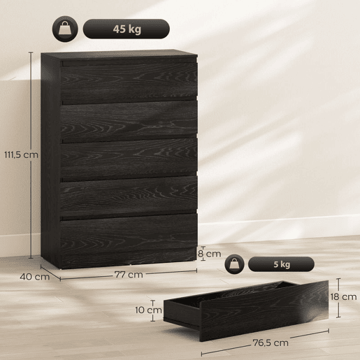HOMCOM Cómoda 5 Gavetas Cômoda para Quarto Móvel de Arrumação para Sala de Estar Escritório Estilo Moderno 77x40x111,5 cm Preto Veteado