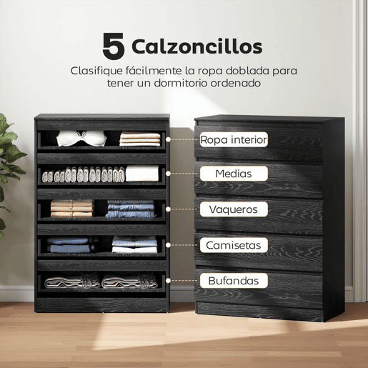 HOMCOM Cómoda 5 Gavetas Cômoda para Quarto Móvel de Arrumação para Sala de Estar Escritório Estilo Moderno 77x40x111,5 cm Preto Veteado