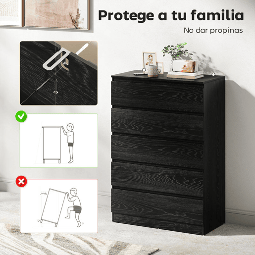 HOMCOM Cómoda 5 Gavetas Cômoda para Quarto Móvel de Arrumação para Sala de Estar Escritório Estilo Moderno 77x40x111,5 cm Preto Veteado