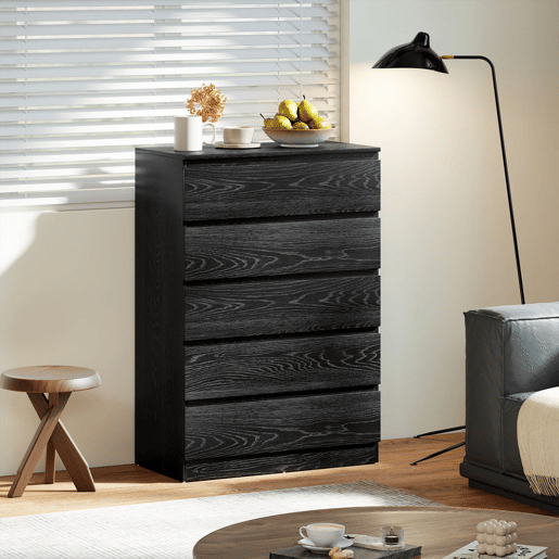 HOMCOM Cómoda 5 Gavetas Cômoda para Quarto Móvel de Arrumação para Sala de Estar Escritório Estilo Moderno 77x40x111,5 cm Preto Veteado