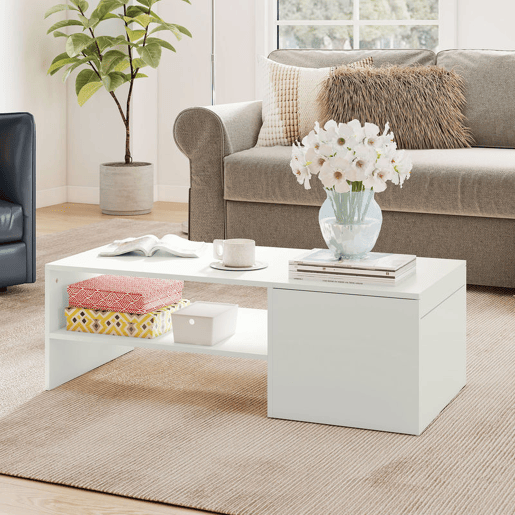 HOMCOM Mesa de Centro com Superfície Deslizante Moderna com Compartimento Oculto Prateleira Aberta para Sala Escritório 110x52x36 cm Branco