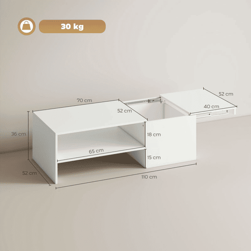 HOMCOM Mesa de Centro com Superfície Deslizante Moderna com Compartimento Oculto Prateleira Aberta para Sala Escritório 110x52x36 cm Branco