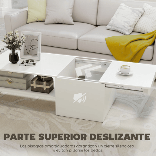 HOMCOM Mesa de Centro com Superfície Deslizante Moderna com Compartimento Oculto Prateleira Aberta para Sala Escritório 110x52x36 cm Branco