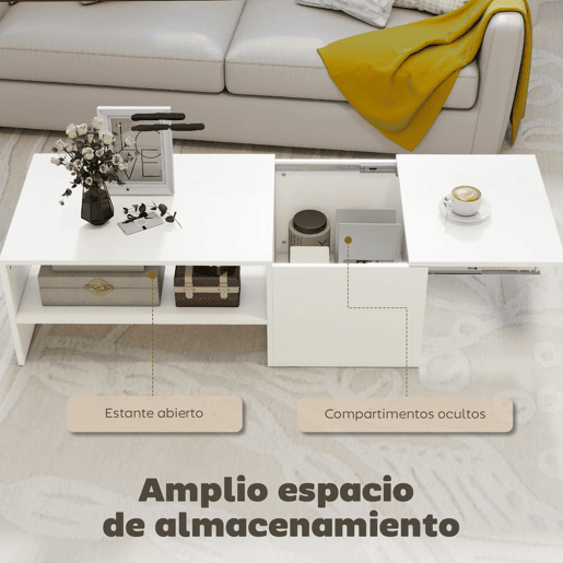 HOMCOM Mesa de Centro com Superfície Deslizante Moderna com Compartimento Oculto Prateleira Aberta para Sala Escritório 110x52x36 cm Branco