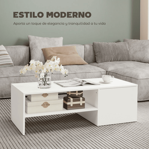 HOMCOM Mesa de Centro com Superfície Deslizante Moderna com Compartimento Oculto Prateleira Aberta para Sala Escritório 110x52x36 cm Branco