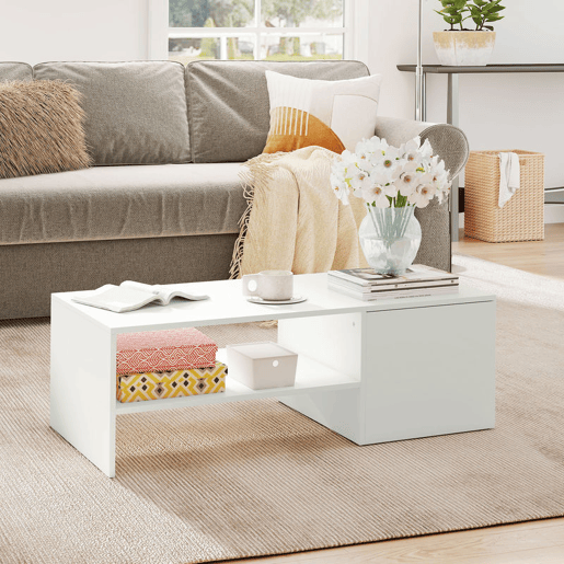 HOMCOM Mesa de Centro com Superfície Deslizante Moderna com Compartimento Oculto Prateleira Aberta para Sala Escritório 110x52x36 cm Branco