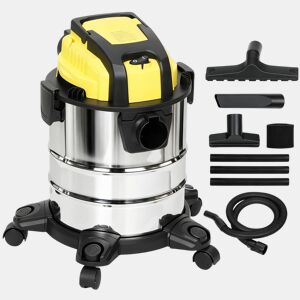 HOMCOM Aspirador Seco e Húmido 3 em 1 1200W com Função de Soprador Mangueira 2 m Depósito Inoxidável 20L Triplo Filtro Bocal para Pisos e Fendas 48x48x48,5 cm Amarelo
