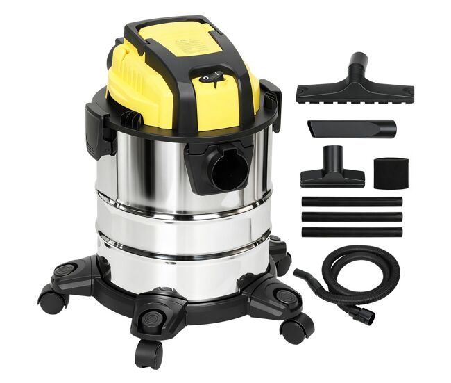 Homcom aspirador en seco y húmedo 3 en 1, 1200w, aspiradora con función de soplador, manguera 2 m, depósito inoxidable 20l, triple filtro, boquilla para suelos y ranuras, amarillo
