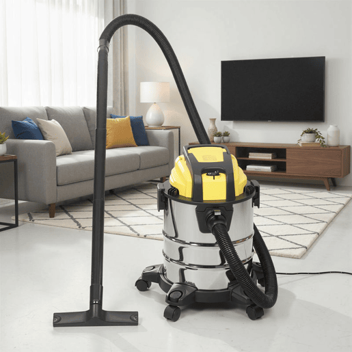 HOMCOM Aspirador Seco e Húmido 3 em 1 1200W com Função de Soprador Mangueira 2 m Depósito Inoxidável 20L Triplo Filtro Bocal para Pisos e Fendas 48x48x48,5 cm Amarelo