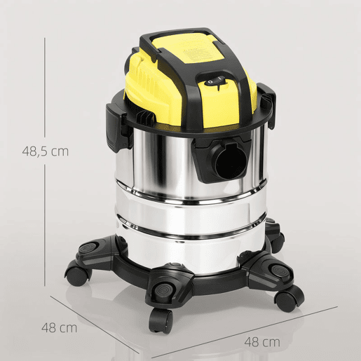 HOMCOM Aspirador Seco e Húmido 3 em 1 1200W com Função de Soprador Mangueira 2 m Depósito Inoxidável 20L Triplo Filtro Bocal para Pisos e Fendas 48x48x48,5 cm Amarelo