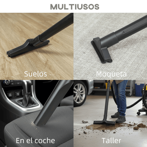 HOMCOM Aspirador Seco e Húmido 3 em 1 1200W com Função de Soprador Mangueira 2 m Depósito Inoxidável 20L Triplo Filtro Bocal para Pisos e Fendas 48x48x48,5 cm Amarelo