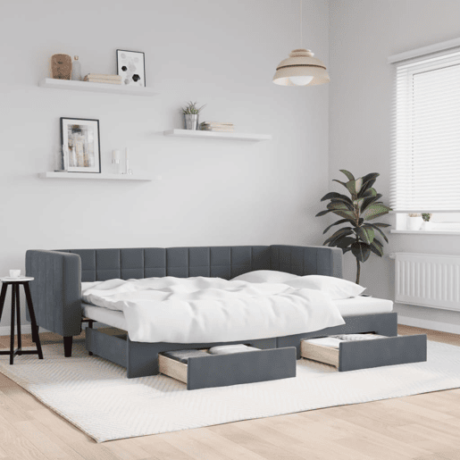 Sofá-cama, Sofá conversível c gavetão e gavetas 80x200 cm veludo cinzento-escuro Sofá-cama, Sofá conversível c gavetão e gavetas 80x200 cm veludo cinzento-escuro
