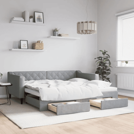 Sofá-cama, Sofá conversível c gavetão e gavetas 90x190 cm tecido cinzento-claro