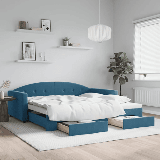 Sofá-cama, Sofá conversível com gavetão e gavetas 100x200 cm veludo azul