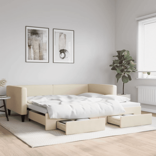 Sofá-cama, Sofá conversível com gavetão e gavetas 100x200 cm tecido cor creme Sofá-cama, Sofá conversível com gavetão e gavetas 100x200 cm tecido cor creme