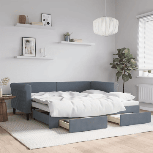 Sofá-cama, Sofá conversível c gavetão e gavetas 90x190 cm veludo cinzento-escuro