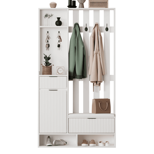 Móvel de entrada 100x30x180 cm - 6 em 1, 8 ganchos, sapateira, prateleiras, com proteção anti-capotamento - Branco
