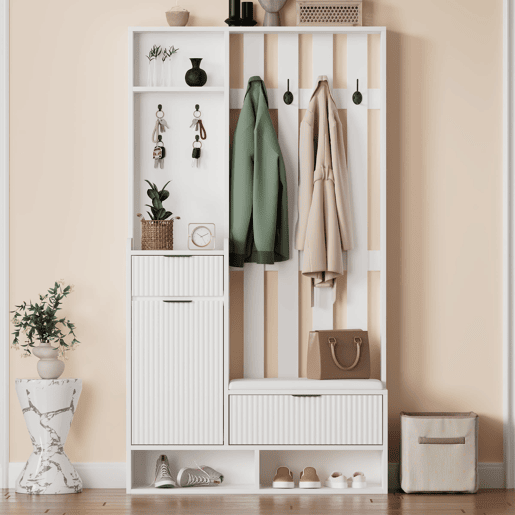 Móvel de entrada 100x30x180 cm - 6 em 1, 8 ganchos, sapateira, prateleiras, com proteção anti-capotamento - Branco