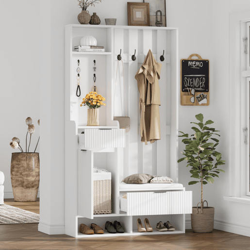 Móvel de entrada 100x30x180 cm - 6 em 1, 8 ganchos, sapateira, prateleiras, com proteção anti-capotamento - Branco