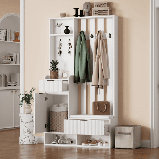 Móvel de entrada 100x30x180 cm - 6 em 1, 8 ganchos, sapateira, prateleiras, com proteção anti-capotamento - Branco