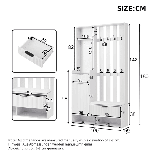 Móvel de entrada 100x30x180 cm - 6 em 1, 8 ganchos, sapateira, prateleiras, com proteção anti-capotamento - Branco