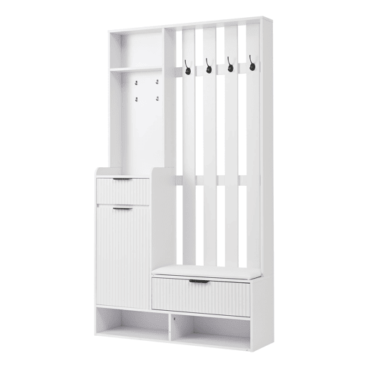 Móvel de entrada 100x30x180 cm - 6 em 1, 8 ganchos, sapateira, prateleiras, com proteção anti-capotamento - Branco