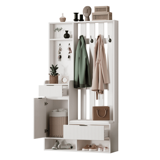 Móvel de entrada 100x30x180 cm - 6 em 1, 8 ganchos, sapateira, prateleiras, com proteção anti-capotamento - Branco