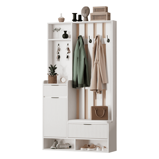 Móvel de entrada 100x30x180 cm - 6 em 1, 8 ganchos, sapateira, prateleiras, com proteção anti-capotamento - Branco