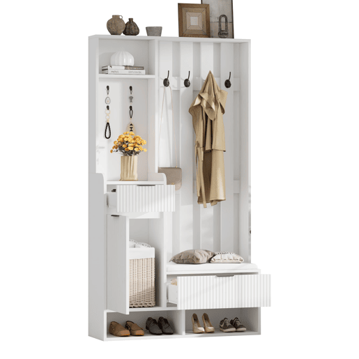 Móvel de entrada 100x30x180 cm - 6 em 1, 8 ganchos, sapateira, prateleiras, com proteção anti-capotamento - Branco