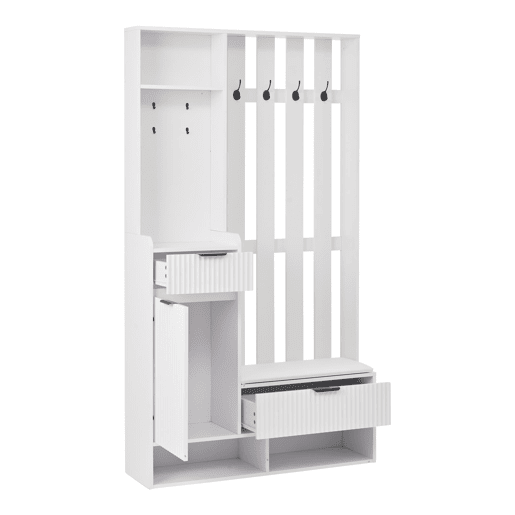 Móvel de entrada 100x30x180 cm - 6 em 1, 8 ganchos, sapateira, prateleiras, com proteção anti-capotamento - Branco