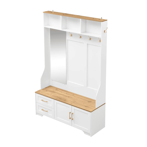 Móvel de entrada 120 L x 40 P x 187 A cm - Com espelho, LED, cabides, gavetas, branco, madeira