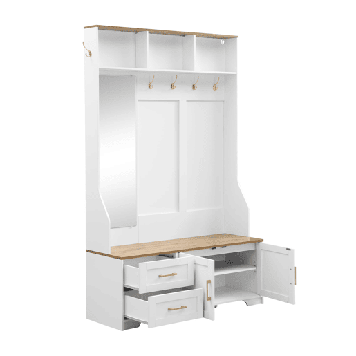 Móvel de entrada 120 L x 40 P x 187 A cm - Com espelho, LED, cabides, gavetas, branco, madeira