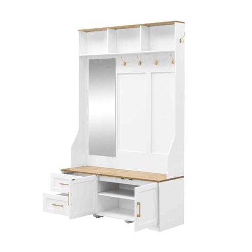 Móvel de entrada 120 L x 40 P x 187 A cm - Com espelho, LED, cabides, gavetas, branco, madeira