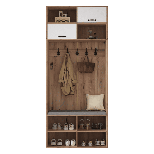 Móvel de entrada 80x185x35 cm - Com assento, 5 ganchos, 2 portas e 6 compartimentos - Natural+Branco